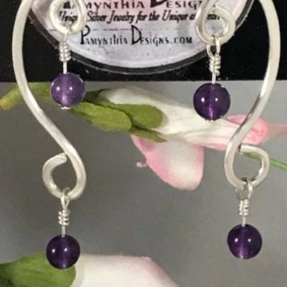 Amethyst Sterling Silver Dangle Earrings- Amethyst Earrings Dangle Style #1 - Picture 4 of 5